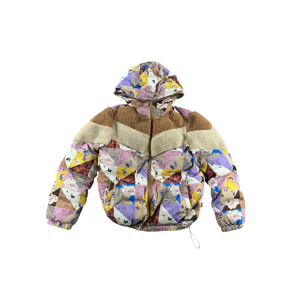 Levis Patchwork Puffer Jacket Womens Small Floral Paisley Sherpa Hooded Multi